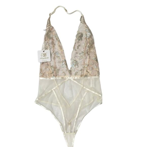 Honey Birdette Whitney Ivory Bodysuit Gold Hardware Mesh Lingerie XSmall - Picture 2 of 10